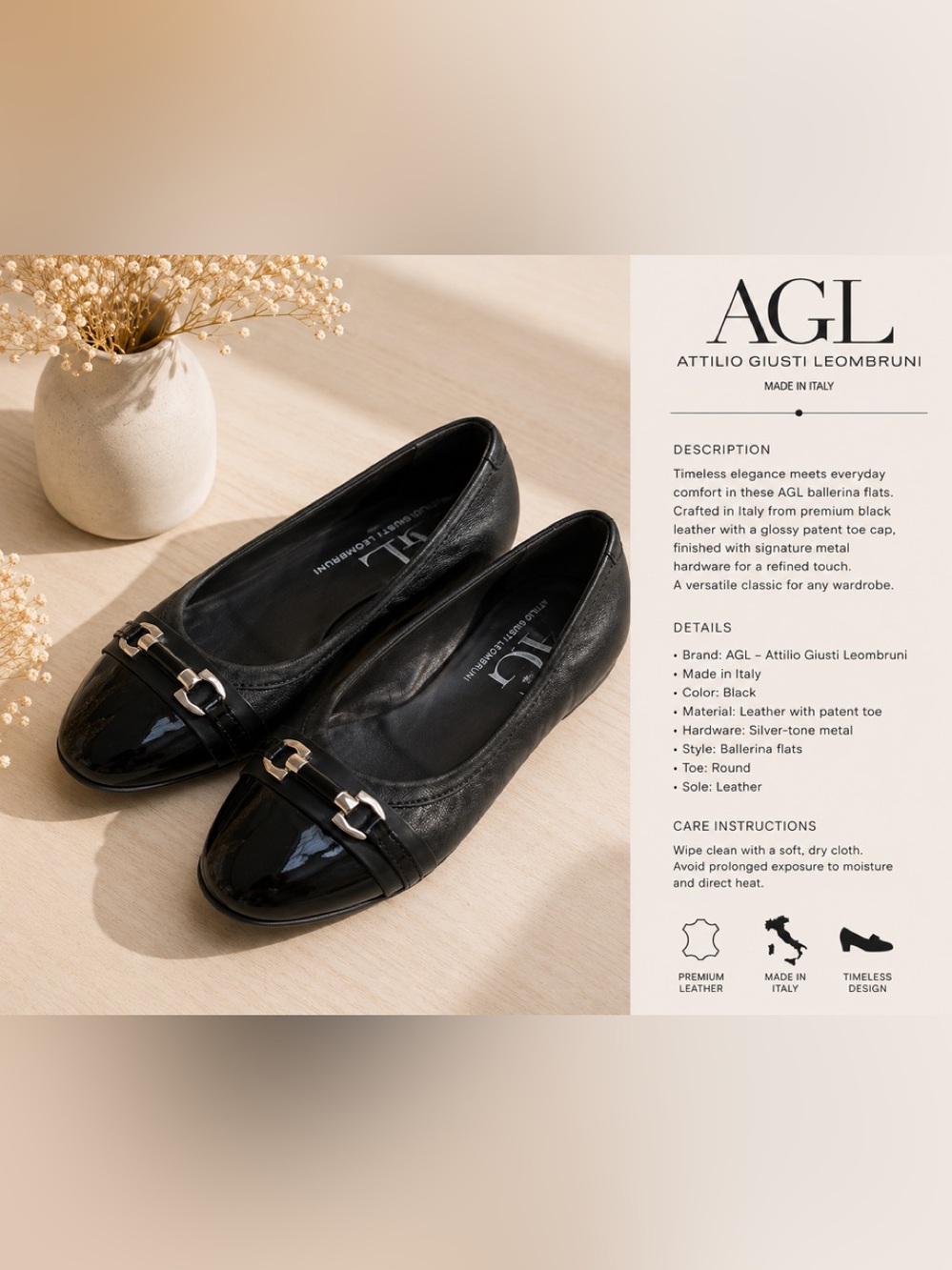 AGL flats black leather size 39 8.5